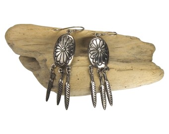 Solid Sterling Silver Native Style with Silver Feathers Dangle Earrings