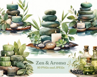 Watercolor Zen and Aroma Clipart, 10 Elements High Quality JPEGs and PNGs, Printable, Digital Download, Commercial Use