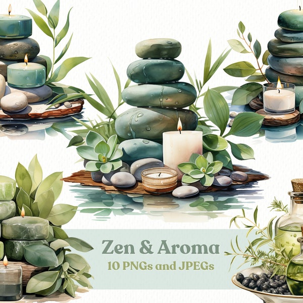 Watercolor Zen and Aroma Clipart, 10 Elements High Quality JPEGs and PNGs, Printable, Digital Download, Commercial Use