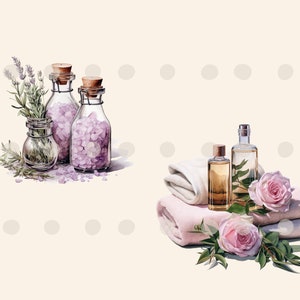 May include: Two glass jars filled with pink bath salts and a small glass jar with green sprigs, next to a stack of towels with two bottles of essential oil and pink roses.