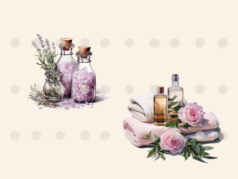 May include: Two glass jars filled with pink bath salts and a small glass jar with green sprigs, next to a stack of towels with two bottles of essential oil and pink roses.