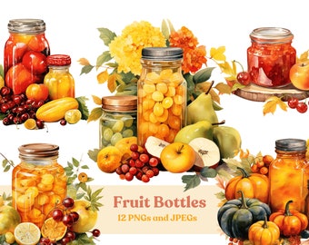 Watercolor Fall Fruit Bottles Clipart: Autumn Harvest PNG (Digital Download)