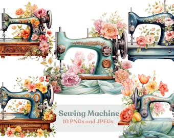 Watercolor Floral Sewing Machine Clipart: 10 PNG & JPEG Files (Digital Download)