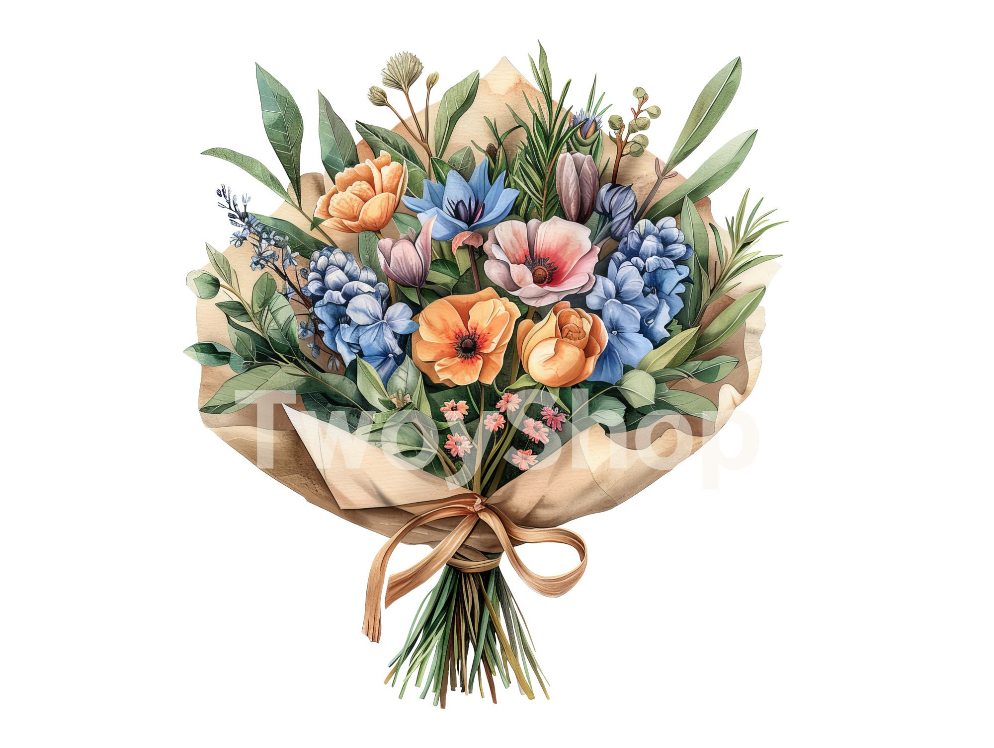 Watercolor Floral Bouquet Clipart: Spring Flower PNG Jpegs (digital ...