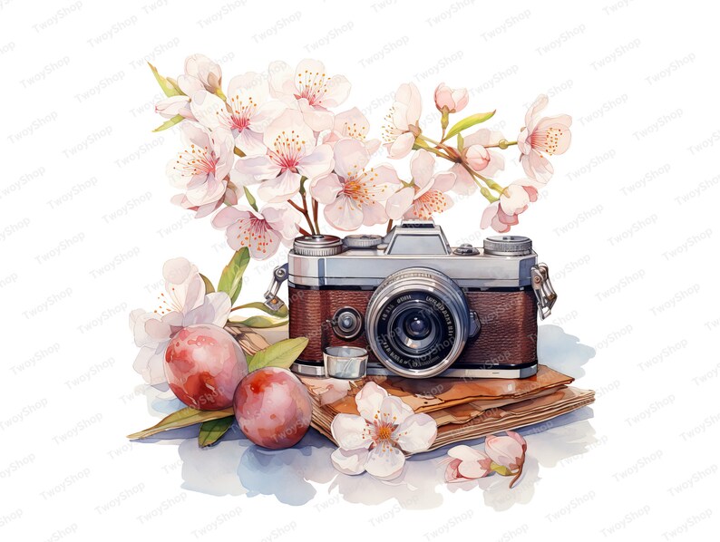 Watercolor Spring Camera Clipart, Hello Spring Floral Vintage Camera 10 ...