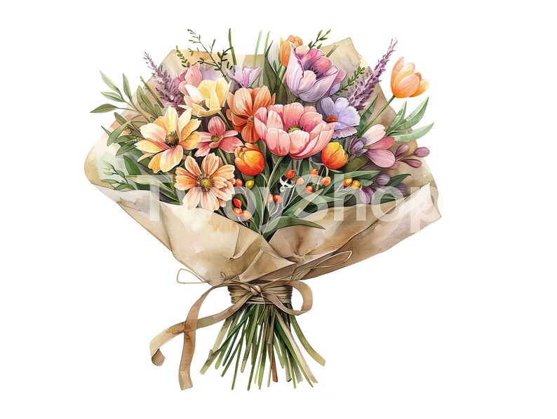 Watercolor Floral Bouquet Clipart: Spring Flower PNG Jpegs (digital ...
