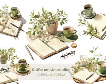 Watercolor Coffee & Journaling Clipart: Green Diary (Digital Download)
