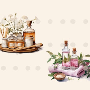 May include: Two sets of spa products, one with white flowers and brown glass bottles on a wooden tray, and the other with pink liquid in clear glass bottles on a pink towel with green leaves.