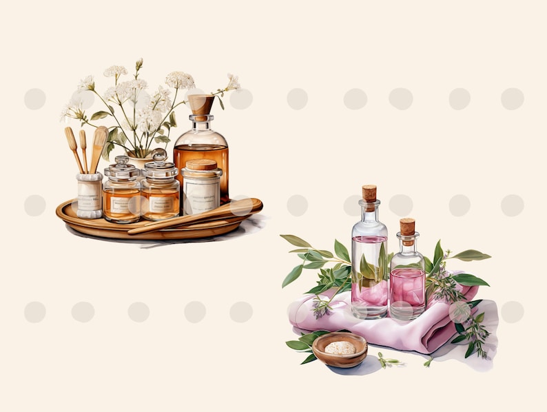 May include: Two sets of spa products, one with white flowers and brown glass bottles on a wooden tray, and the other with pink liquid in clear glass bottles on a pink towel with green leaves.