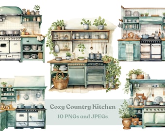 Watercolor Country Kitchen Clipart: Cozy PNG & JPEG Set (Digital Download)