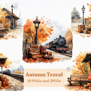 Clipart de viaje de otoño en acuarela: viaje en tren en otoño. 10 archivos PNG y JPEG de alta calidad, descarga digital instantánea imprimible