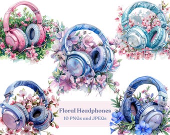 Watercolor Floral Headphone Clipart: 10 PNG & JPEG Files (Digital Download)