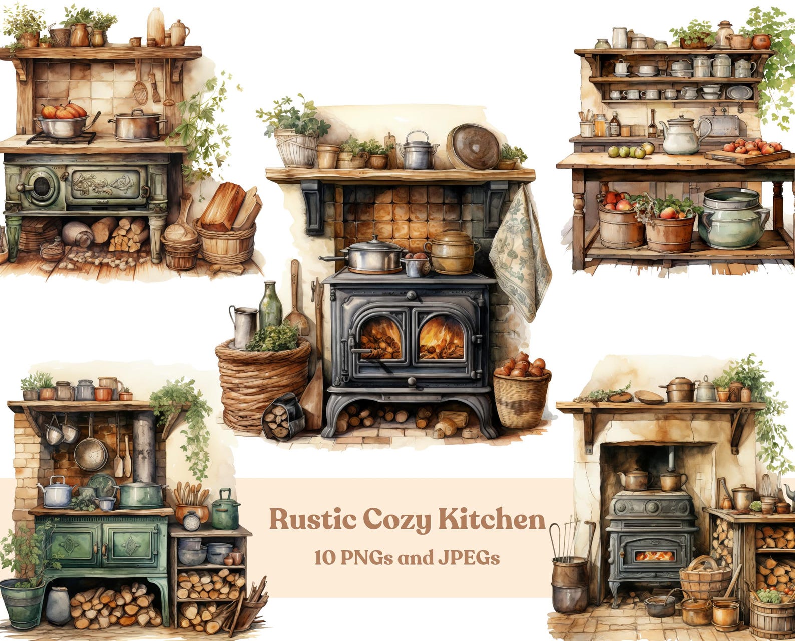 rustic cozy kitchen art prints under $7 shipped |... Watercolor Rustic Cozy Kitchen Clipart - 10 High-quality Rustic ...