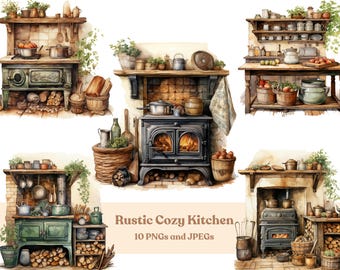 Watercolor Rustic Kitchen Clipart: Cozy Cottage Illustrations (Digital Download)
