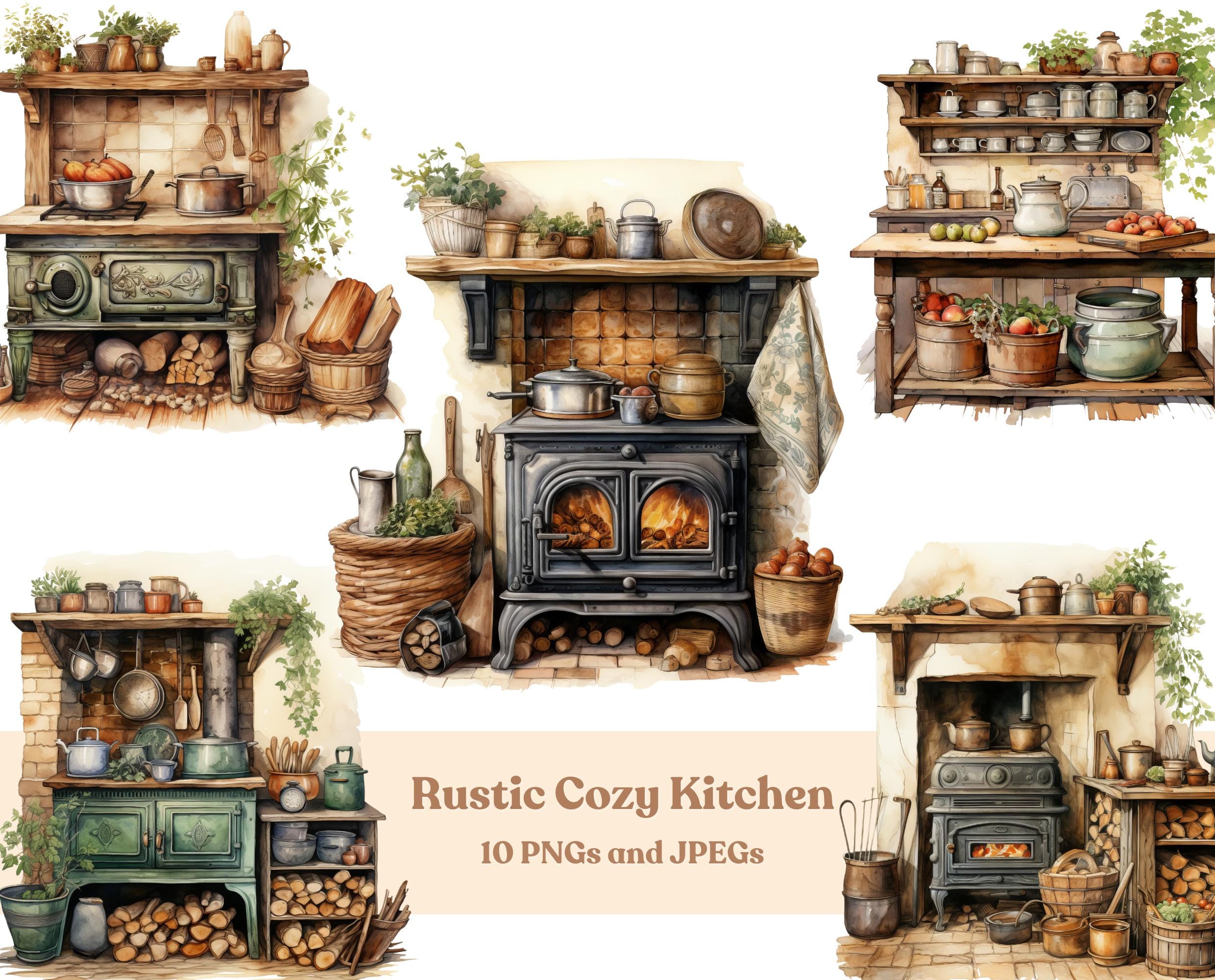 Watercolor Rustic Cozy Kitchen Clipart 10 High-quality Rustic ...