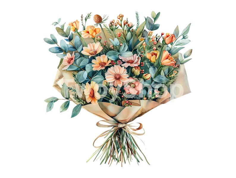 Watercolor Floral Bouquet Clipart: Spring Flower PNG Jpegs (digital ...