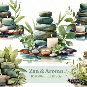 Watercolor Zen Clipart: Aroma Candles & Stones (Digital Download)