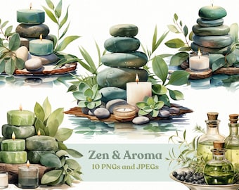Watercolor Zen Clipart: Aroma Candles & Stones (Digital Download)