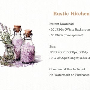 May include: Three glass jars filled with pink bath salts and topped with cork lids. The jars are arranged on a white background with sprigs of lavender and rosemary.