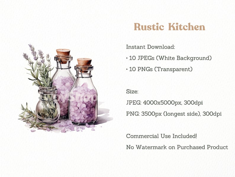 May include: Three glass jars filled with pink bath salts and topped with cork lids. The jars are arranged on a white background with sprigs of lavender and rosemary.