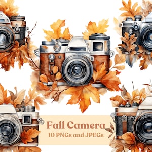 Watercolor Fall Camera Clipart - 10 High Quality PNG Files and JPEGs, Printable Instant Digital Download