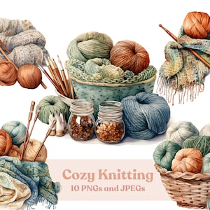 Aquarell gemütliche Stricken Clipart, 10 hochwertige JPEGs und PNG-Dateien, druckbare Strickwaren Clipart Digital Download, kommerzielle Nutzung