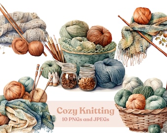 Watercolor Knitting Clipart: Cozy Yarn & Needle Graphics (Digital Download)