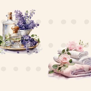May include: A spa setting with a silver tray holding two glass bottles of essential oil and a bouquet of purple lilac flowers.  Next to the tray is a stack of white and pink towels with pink roses.