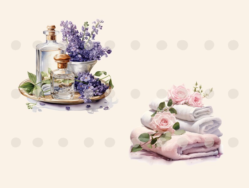 May include: A spa setting with a silver tray holding two glass bottles of essential oil and a bouquet of purple lilac flowers.  Next to the tray is a stack of white and pink towels with pink roses.