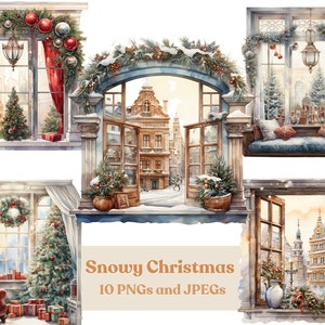 Watercolor Christmas Window Clipart: Snowy Winter Scenes (Digital Download)