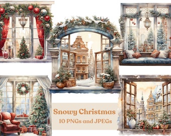 Watercolor Christmas Window Clipart: Snowy Winter Scenes (Digital Download)