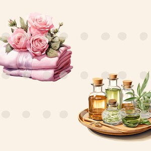 May include: A spa-themed still life with a stack of pink towels topped with pink roses, and a wooden tray with three glass bottles of essential oils, a small bowl of dried herbs, and a glass bowl of green tea leaves.