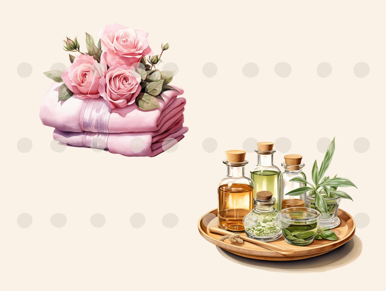May include: A spa-themed still life with a stack of pink towels topped with pink roses, and a wooden tray with three glass bottles of essential oils, a small bowl of dried herbs, and a glass bowl of green tea leaves.