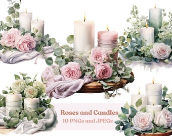 Watercolor Roses and Candles Clipart: Relaxation Printable (Digital Download)
