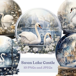 Acuarela Swan Lake Castle Clipart, Birds Globes 10 JPEG y PNG de alta calidad, imprimible, descarga digital, uso comercial
