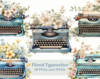 Watercolor Floral Typewriter Clipart, 10 PNGs and JPEGs (Digital Download)