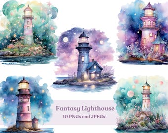 Watercolor Lighthouse Clipart: Fantasy Pastel PNG & JPEG (Digital Download)