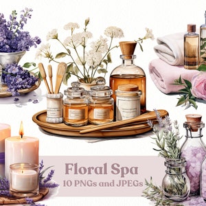 Watercolor Floral Spa Clipart, 10 Spa Essentials High Quality JPEGs and PNGs, Printable, Digital Download, Commercial Use