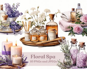 Watercolor Floral Spa Clipart, 10 Spa Essentials High Quality JPEGs and PNGs, Printable, Digital Download, Commercial Use