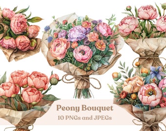 Watercolor Peony Bouquet Clipart: Spring Floral PNG JPEGs (Digital Download)