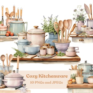 Clipart de utensílios de cozinha aconchegantes em aquarela, 10 arquivos PNG e JPEGs de alta qualidade, cozinha pastel, download digital instantâneo para impressão