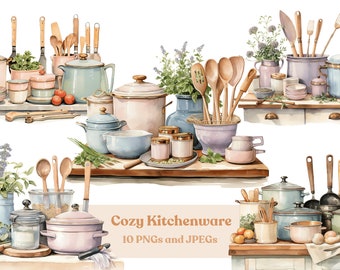 Watercolor Kitchenware Clipart: Pastel Kitchen PNG & JPEG (Digital Download)