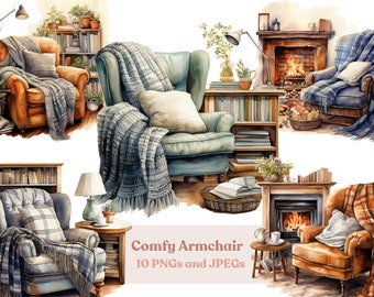 Watercolor Armchair Clipart: Hygge PNG & JPEG Set (Digital Download)