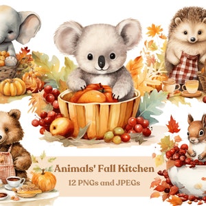 Watercolor Animals&#39; Fall Kitchen Clipart - Cute Animals, 12 High Quality PNG Files and JPEGs, Printable Instant Digital Download