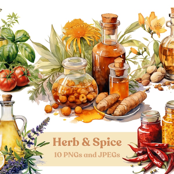 Watercolor Herb & Spice Clipart, Watercolor Culinary Bottles 10 High Quality JPEGs and PNGs, Printable, Digital Download, Commercial Use