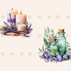May include: Two white candles with purple ribbon and lavender flowers on a wooden tray, and two green glass bottles with cork stoppers and green and purple stones.
