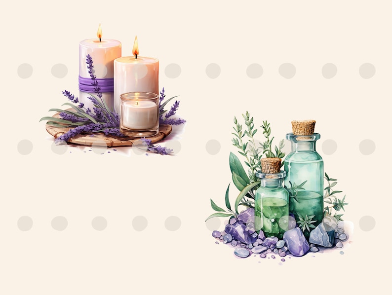 May include: Two white candles with purple ribbon and lavender flowers on a wooden tray, and two green glass bottles with cork stoppers and green and purple stones.