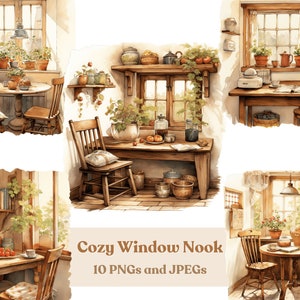Watercolor Cozy Window Nook Clipart: 10 PNG & JPEG Files (Digital Download)