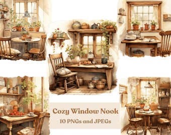 Watercolor Cozy Window Nook Clipart: 10 PNG & JPEG Files (Digital Download)
