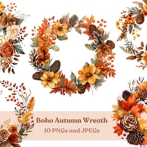 Watercolor Boho Autumn Wreath Clipart, Flower 10 High Quality PNG Files and JPEGs, Printable Instant Digital Download